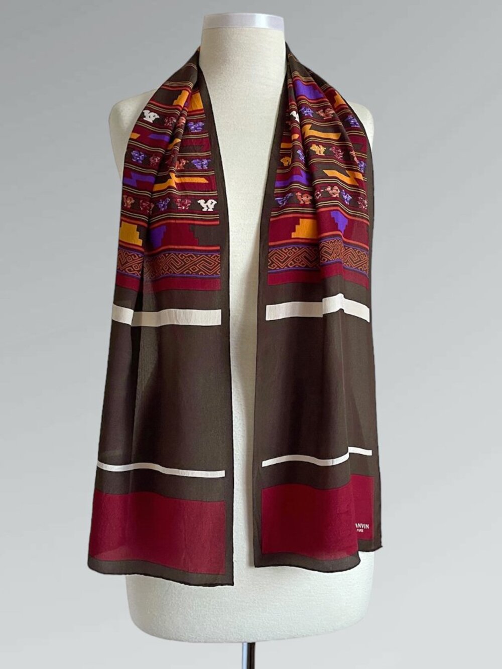 Vintage LANVIN Paris Silk Geometric Aztec Print Long Rectangular Scarf